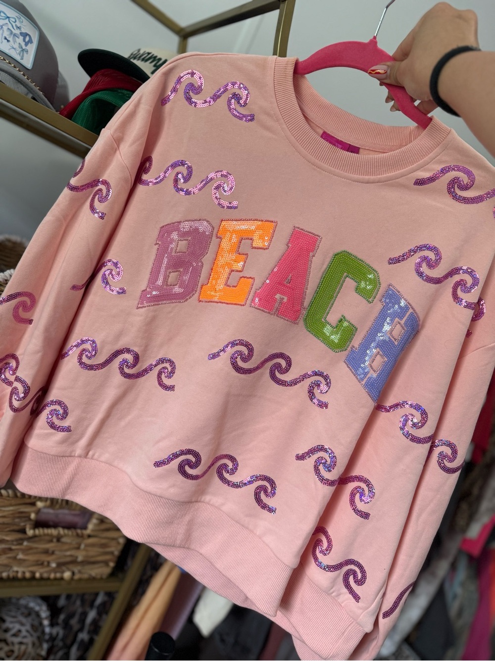 QUEEN OF SPARKLES Pink 'BEACH' Appliqué Sweatshirt with Multicolor Letters